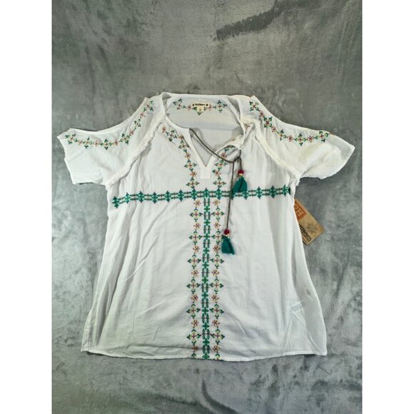 Ruff Hewn Womens Blouse Large Boho Embroidered Cold Shoulder Short Sleeve Tassel - Picture 16 of 16